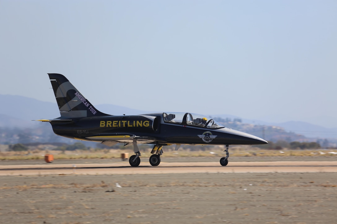 The Breitling Jet Team performs during the 2016 MCAS Miramar Air Show aboard Marine Corps Air Station Miramar, Calif., Sept. 24. Breitling is a European team that performs aerobatic maneuvers in seven L-39C Albatros aircraft. The MCAS Miramar Air Show showcases world-class performers, military flight demonstration teams, the capabilities of the Marine Air-Ground Task Force and celebrates Miramar’s longstanding relationship with the local San Diego community. (U.S. Marine Corps photo by Pfc. Jacob Pruitt/Released)