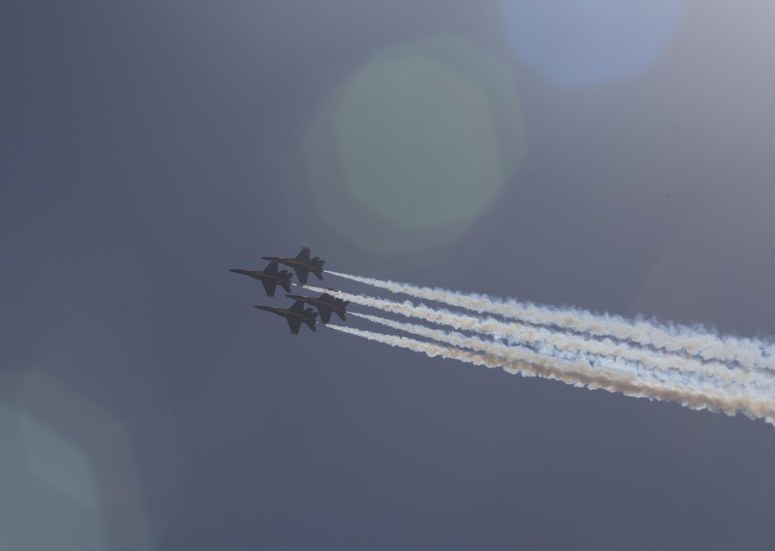 The Blue Angels perform aerobatic maneuvers during the 2016 MCAS Miramar Air Show aboard Marine Corps Air Station Miramar, Calif., Sept. 24. The Blue Angels have been performing since 1946 and are celebrating their 70th anniversary this year. The MCAS Miramar Air Show showcases world-class performers, military flight demonstration teams, the capabilities of the Marine Air-Ground Task Force and celebrates Miramar’s longstanding relationship with the local San Diego community. (U.S. Marine Corps photo by Sgt. Keenan Zelazoski/Released)
