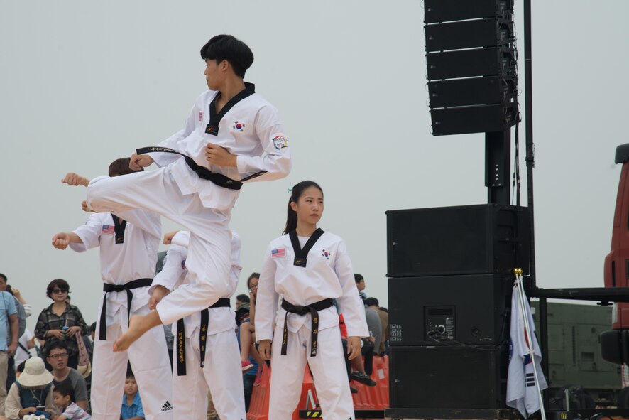 Members of the Republic of Korea Martial Arts Demonstration Team perform orchestrated movements during Air Power Day 2016 at Osan Air Base, Republic of Korea, Sept. 25, 2016.  Members of Team Osan and the surrounding community participated in events for the air show such as static displays, aircraft takeoffs and aerial demonstrations. (U.S. Air Force photo by Senior Airman Dillian Bamman)