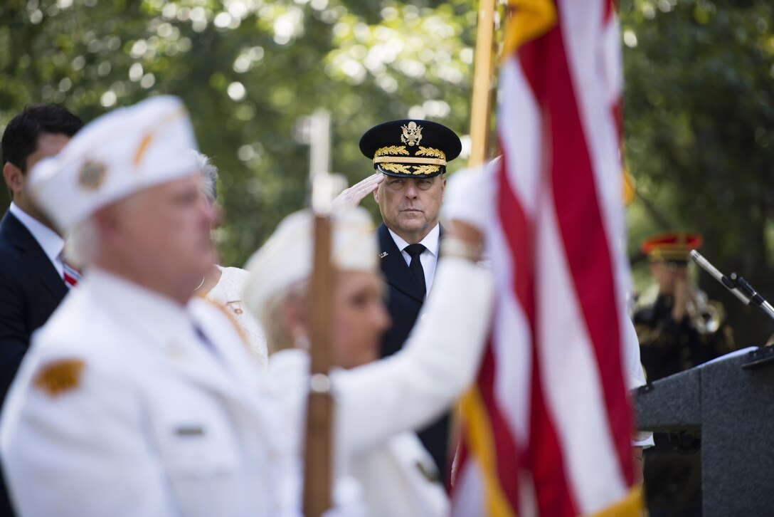 Army Chief of Staff Gen. Mark A. Milley salutes during a ceremony at Arlington National Cemetery in Virginia to commemorate the 80th Gold Star Mother's Day, Sept. 25, 2016. Gold Star Mother’s and Family’s Day honors the families of fallen service members. Army photo by Rachel Larue