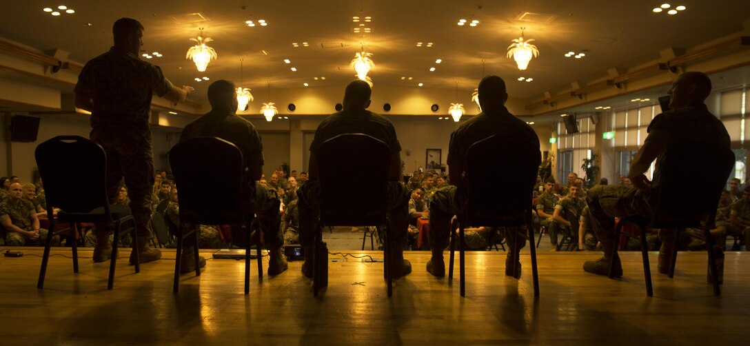 A panel of five Marine Corps captains address newly promoted staff sergeants and staff sergeants select during the Staff Sergeant Indoctrination Course on Camp Hansen, Okinawa, Sept. 22, 2016. One hundred and sixty Marines participated in the course and were able to ask higher enlisted SNCOs and officers for guidance as they continue advancing their careers. (U.S. Marine Corps photo by Cpl. Natalie Dillon)