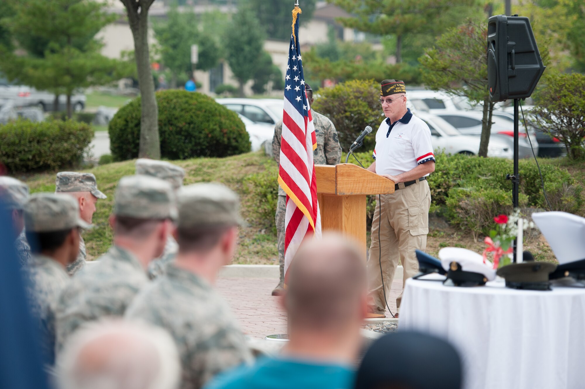 Patrick Higgins, Veterans of Foreign War Department of the Pacific, delivers remarks to a crowd during a POW/MIA memorial closing ceremony at Osan Air Base, Republic of Korea, Sept. 16, 2016. The event honors missing service members and the U.S. government’s continued responsibility to locate POW/MIA service members. (U.S. Air Force photo by Staff Sgt. Jonathan Steffen)