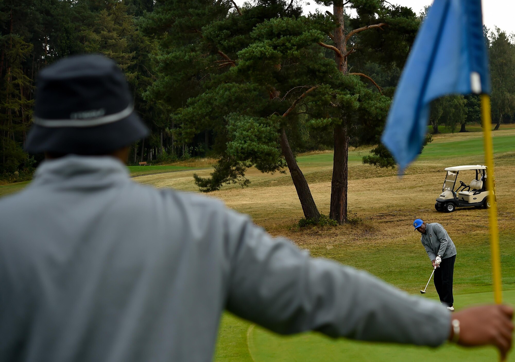 A participant hits a golf ball during the Army and Air Force Challenge Match golf tournament Sept. 18, 2016, at Rheinblick Golf Course, Wiesbaden, Germany.  More than 50 service-affiliated members of the Air Force and Army participated in the annual tournament. (U.S. Air Force photo by Senior Airman Nicole Keim)