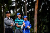 Participants watch as a golf ball soars over the green during the Army and Air Force Challenge Match golf tournament Sept. 18, 2016, at Rheinblick Golf Course, Wiesbaden, Germany.  More than 50 service-affiliated members of the Air Force and Army participated in the annual tournament. (U.S. Air Force photo by Senior Airman Nicole Keim)