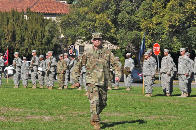 Lt. Col. Lewis Knapp, legislative liaison, 63rd Regional Support Command, makes the Adjutant’s Walk before calling the formation to attention, as part of the 63rd RSC’s change of command ceremony, Sept. 25, Moffett Field, Mountain View, Calif. (U.S. Army Reserve photo by Capt. Alun Thomas)