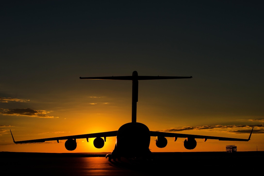 A C-17 Globemaster III aircraft sits on the parking ramp before a mission during Exercise Cerberus Strike 16-02 at Fort Carson, Colo., Sept. 16, 2016. Air Force photo by Master Sgt. Joseph Swafford
