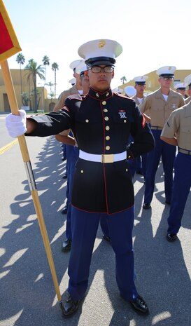 Private First Class Moises Rosendoreyes, Platoon 2135, Kilo Company, 2nd Recruit Training Battalion, stands at parade rest prior to graduation at Marine Corps Recruit Depot San Diego, Sept. 23. Rosendoreyes is a Wharton, Texas, native and was recruited out of RS Oklahoma City. Annually, more than 17,000 males recruited from the Western Recruiting Region are trained at MCRD San Diego