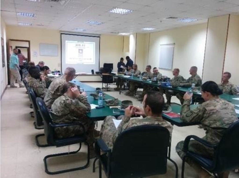 Soldiers attend an environmental officers course at Camp Buehring, Kuwait during the Summer of 2016. The course prepares the leaders to recognize and develop procedures pertaining to environmental compliance. The training is comprehensive and detailed, focusing on compliance within the requirements outlined by the EPA, Army Regulations; and Host Nation requirements.