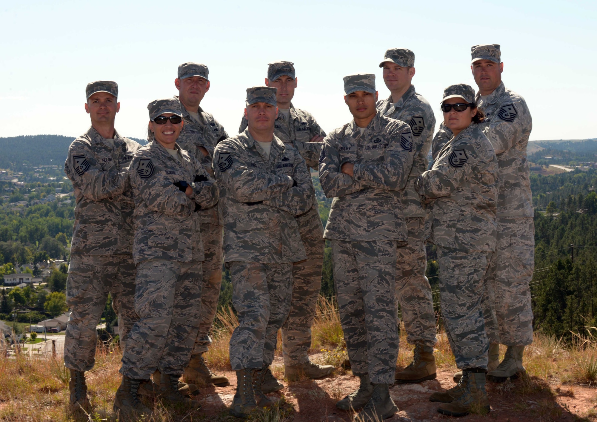First sergeants from Ellsworth Air Force Base, S.D., pose for a group photo at the South Dakota National Guard West Camp Rapid training facility, Rapid City, Sept. 15, 2016. The group participated in a team-building event which provided an opportunity for Ellsworth’s first sergeants to grow as a team. (U.S. Air Force photo by Airman 1st Class Donald C. Knechtel)