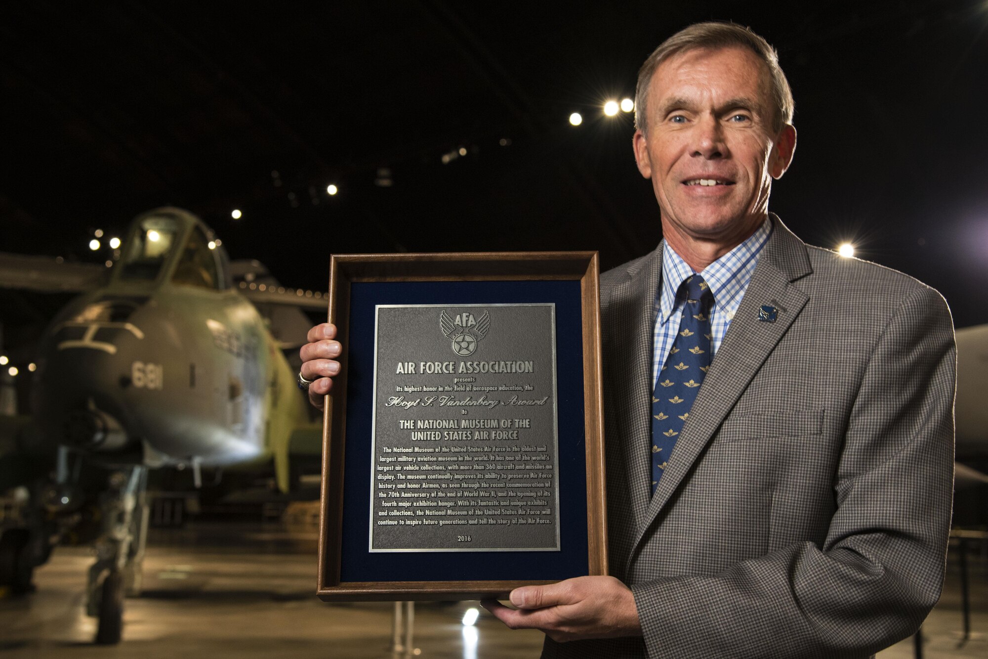 DAYTON,Ohio -- Director of the National Museum of the U.S. Air Force, Lt. Gen.(Ret.) Jack Hudson holds the Hoyt S. Vandenberg Award which was presented by the Air Force Association in September 2016. (U.S. Air Force photo)