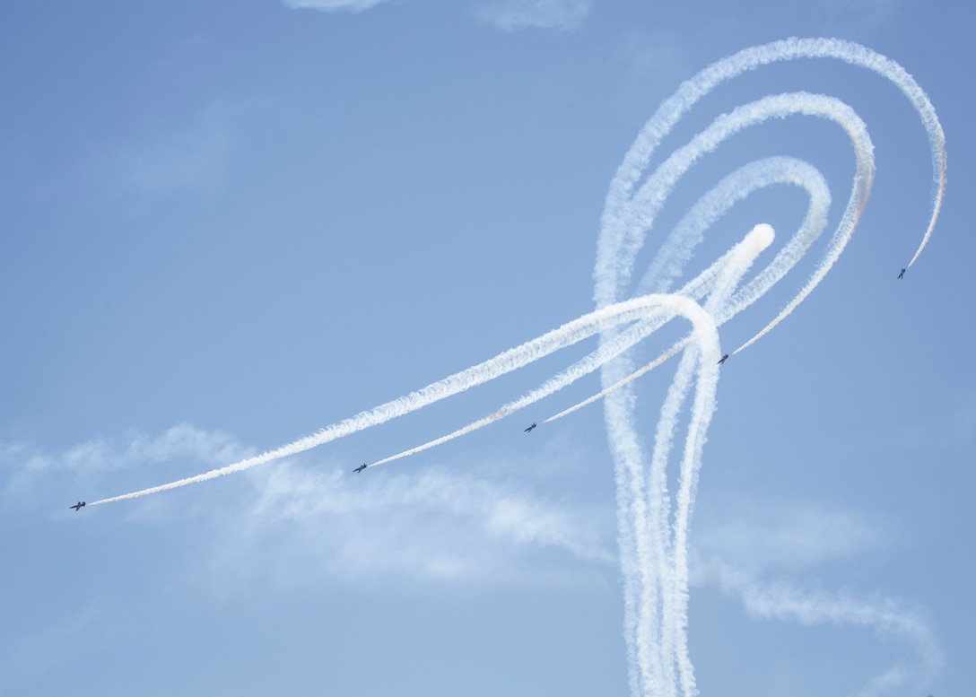 The Breitling Jet Team fly in synchronized formation during the 2016 Marine Corps Air Station Miramar Air Show at MCAS Miramar, Calif., Sept. 24, 2016. The MCAS Miramar Air Show honors 100 years of the Marine Corps Reserves by showcasing aerial prowess of the Armed Forces and their appreciation of civilian community’s support to the troops. 