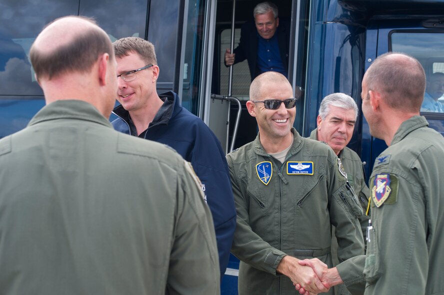 Col. E. John Teichert, 11th Wing and Joint Base Andrews commander, welcomes Brig. Gen. Kevin Huyck, NATO Headquarters Allied Air Command deputy chief of staff operations, before a UH-1N Iroquois flight with the 1st Helicopter Squadron at Joint Base Andrews, Md., Sept. 18, 2016. They arrived in the U.S. for the semi-annual NATO Air Chiefs Symposium to discuss air and space power. (Photo by Senior Airman Ryan J. Sonnier)