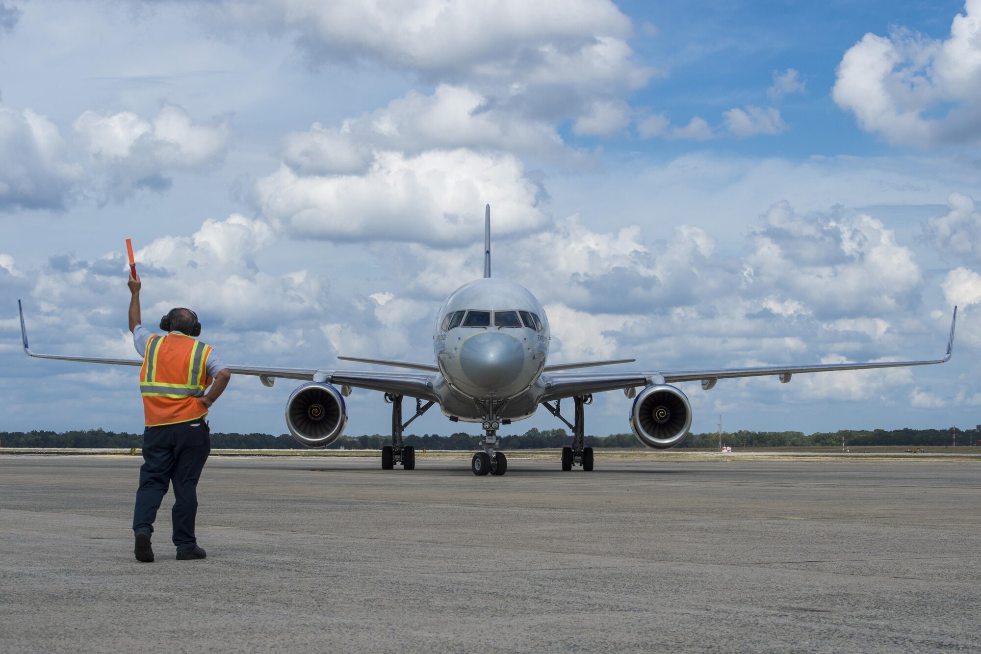The NATO Air Chiefs’ plane is ushered in after arriving at Joint Base Andrews, Md., Sept. 18, 2016. They arrived in the U.S. for the semi-annual NATO Air Chiefs Symposium to discuss air and space power. (Photo by Senior Airman Ryan J. Sonnier)