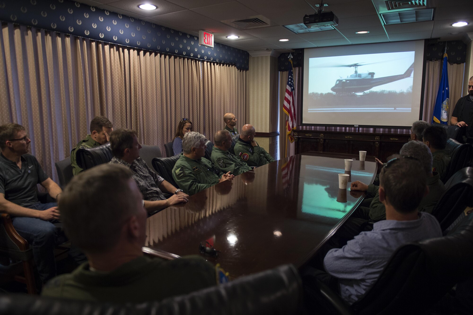 NATO Air Chiefs watch a safety video before a UH-1N Iroquois flight with the 1st Helicopter Squadron on Joint Base Andrews, Md., Sept. 18, 2016. They arrived in the U.S. for the semi-annual NATO Air Chiefs Symposium to discuss air and space power. (Photo by Senior Airman Philip Bryant)