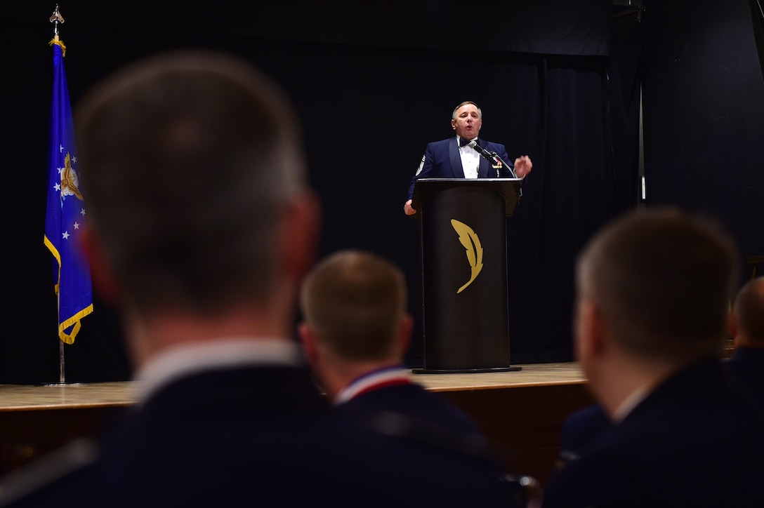 Former Chief Master Sgt. of the Air Force Frederick J. "Jim" Finch speaks during a senior NCO induction ceremony Sept. 23, 2016, Heritage Eagle Bend Golf Course in Aurora, Colo. Finch, the 13th chief master sergeant of the Air Force, spoke to Buckley’s newest SNCO’s about leadership and making a difference.  (U.S. Air Force photo by Airman 1st Class Gabrielle Spradling/Released)