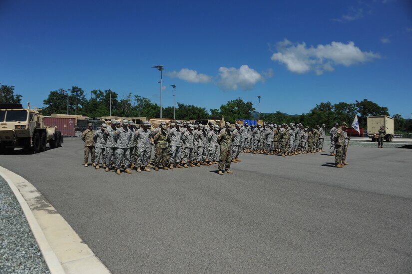 Soldiers, family and friends gathered to bid farewell to approximately 45 U.S. Army Reserve Soldiers from the 246th Quartermaster Company (QM Co.) (Mortuary Affairs) on September 25, at the U.S. Army Reserve Center in Mayaguez, Puerto Rico.