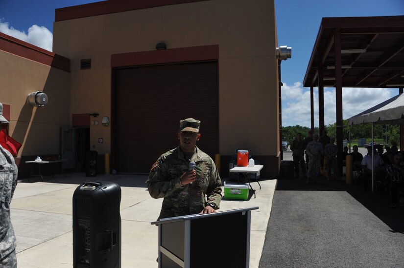 Capt. Armando Pantoja, commander of the 246th Quartermaster Co. (Mortuary Affairs), addresses his Soldiers, friends and family during a farewell ceremony held at the U.S. Army Reserve Center in Mayaguez, PR.