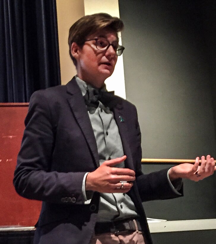 Angela Lakey, a sexual assault response coordinator who covers much of the national capital region, discusses military culture during training focused on strengthening military-civilian partnerships to respond to sexual assault during an all-day training program held at the U.S. Naval Academy in Annapolis, Md., Sept. 19, 2016. DoD photo by Karen Parrish.