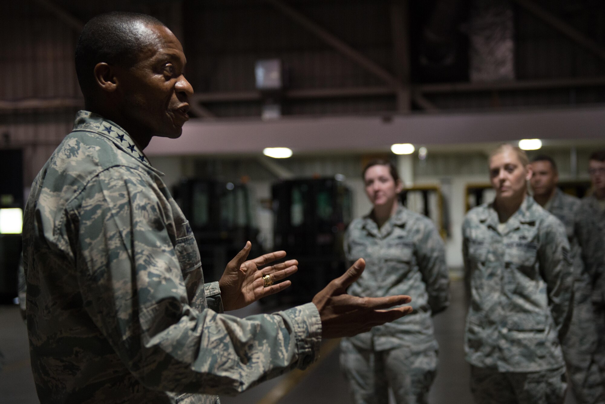Air Force General Darren McDew, U.S. Transportation Command; commander, visits the 715th Air Mobility Command, Joint Base Elmendorf-Richardson to get a boots-on-the-ground perspective of Alaska's joint mission and meet with the Airmen and Soldiers who accomplish it, Sept. 22, 2016. USTRANSCOM is the single manager for global air, land and sea transportation for the Department of Defense. 