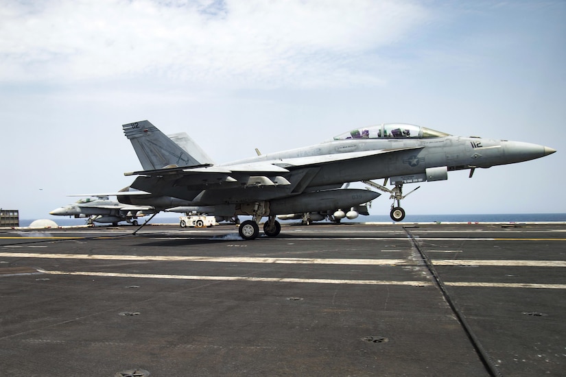An F/A-18F Super Hornet assigned to Strike Fighter Squadron 32 makes an arrested landing on the flight deck of the aircraft carrier USS Dwight D. Eisenhower in the Gulf of Aden, July 14, 2016. The Eisenhower and its Carrier Strike Group are supporting Operation Inherent Resolve, maritime security operations and theater security cooperation efforts in the U.S. 5th Fleet area of operations. Navy photo by Petty Officer 3rd Class Anderson W. Branch