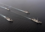 Republic of Korean ships Seoae Ryusungryong (DDG 993), Yul Gok Yii (DDG 992), Kang Gam Chan (DDH 979) and the U.S. Arleigh Burke-class guided-missile destroyer USS Spruance (DDG 111), conduct maneuvers during a combined maritime operation in the waters East of the Korean Peninsula, Sept. 26, 2016. Spruance joined ROKN Aegis destroyers, submarines, anti-submarine helicopters, and U.S. and ROKN P-3 patrol aircraft in the operation that highlighted the unified naval force capabilities in defense of the Republic of Korea and region from surface, subsurface, and ballistic missile threats. 