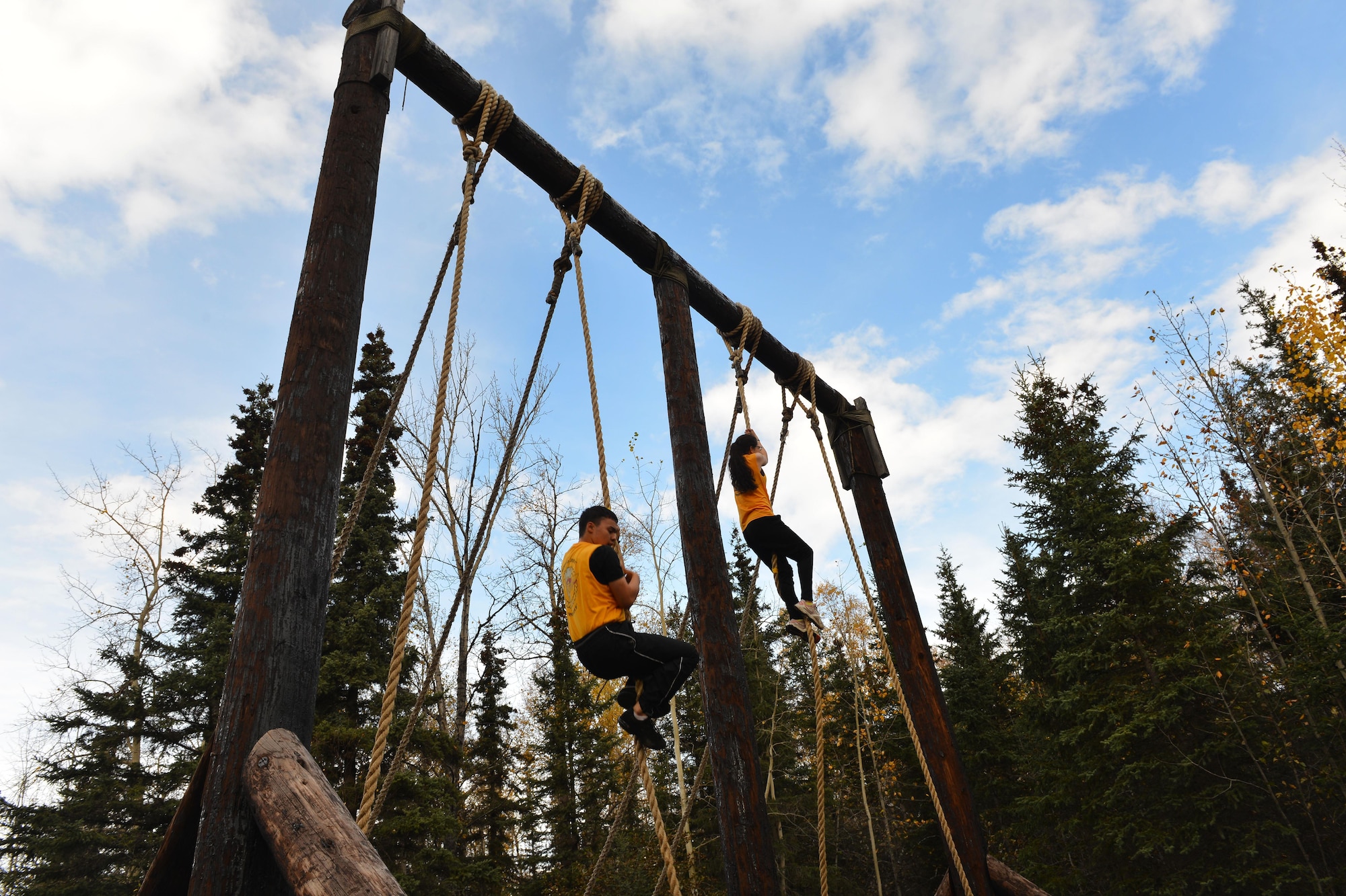 Cadets climbs a rope during the 2016 Raider Cup Competition at Camp Carroll on Joint Base Elmendorf-Richardson, Alaska, Sept. 24, 2016. The event brought eight Junior ROTC programs from throughout Anchorage to compete. 