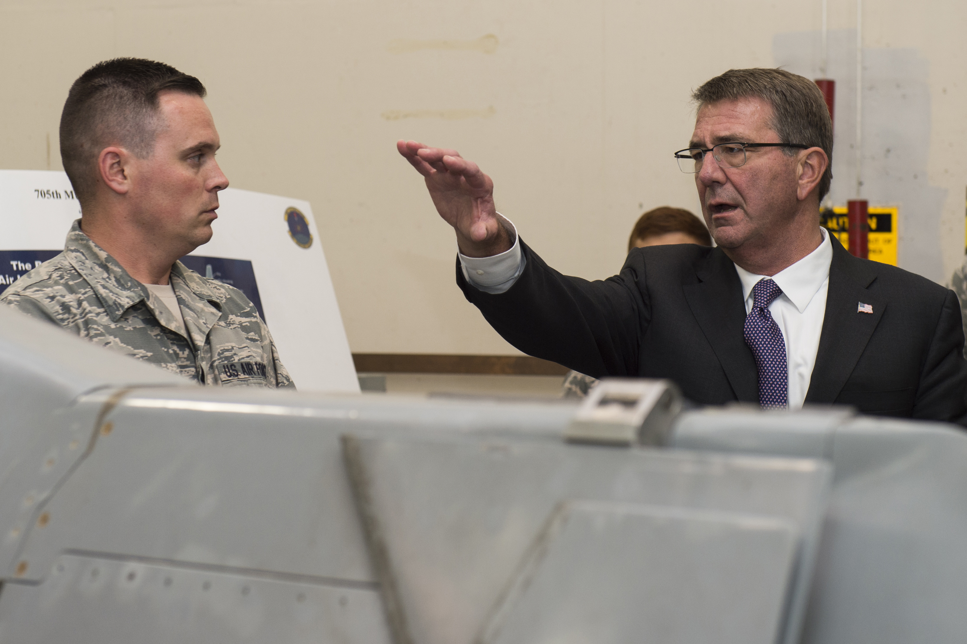 Defense Secretary Ash Carter speaks to B-52 Stratofortress aircraft support crew members at Minot Air Force Base, N.D.