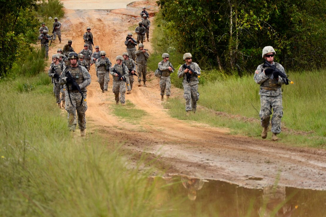 Soldiers participate in a patrol during training at McCrady Training Center in Eastover, S.C., Sept. 20, 2016. Army National Guard photo by 1st Lt. Jessica Donnelly