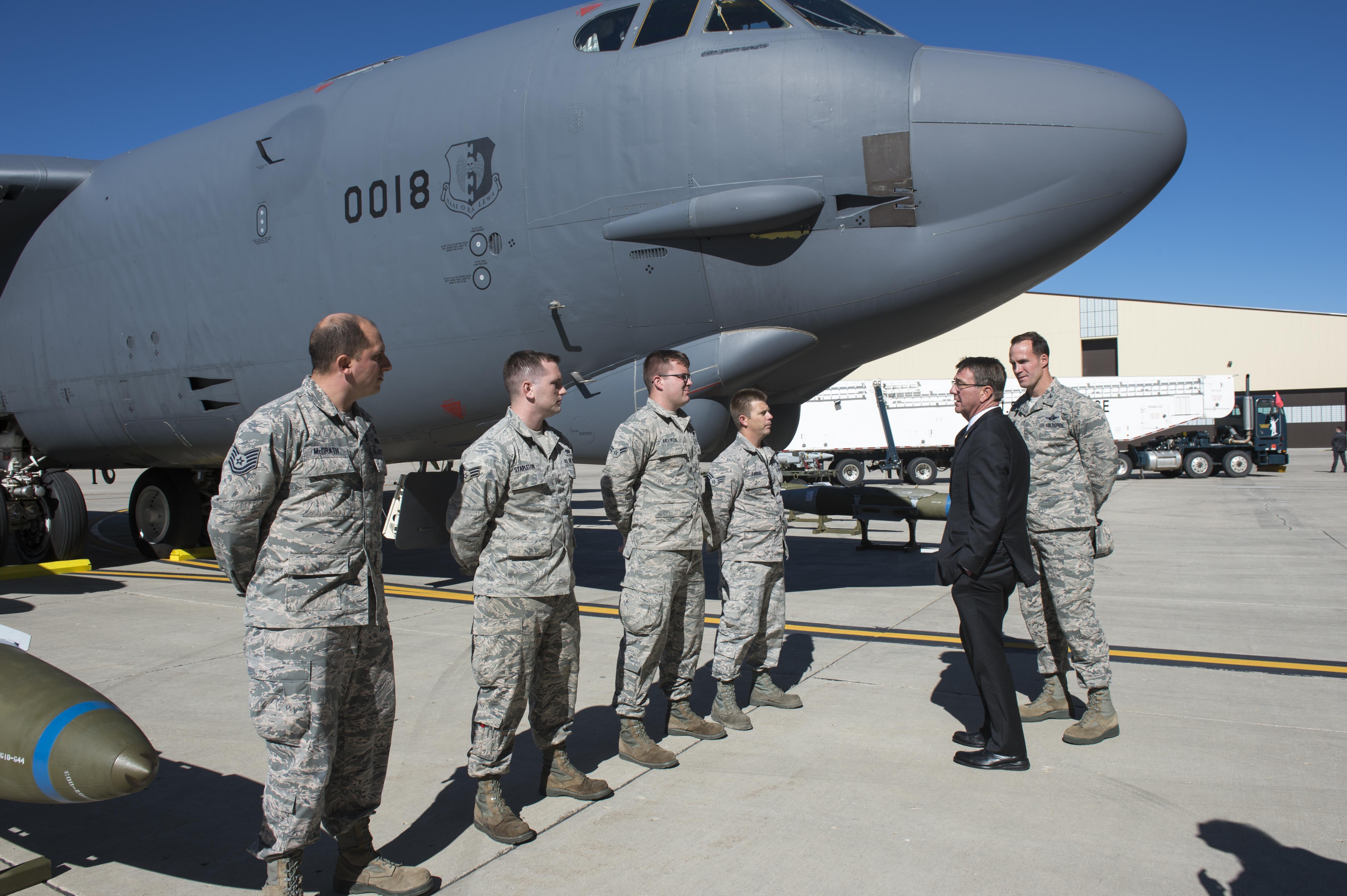 Defense Secretary Ash Carter speaks to B-52 Stratofortress aircraft support crew members at Minot Air Force Base, N.D.