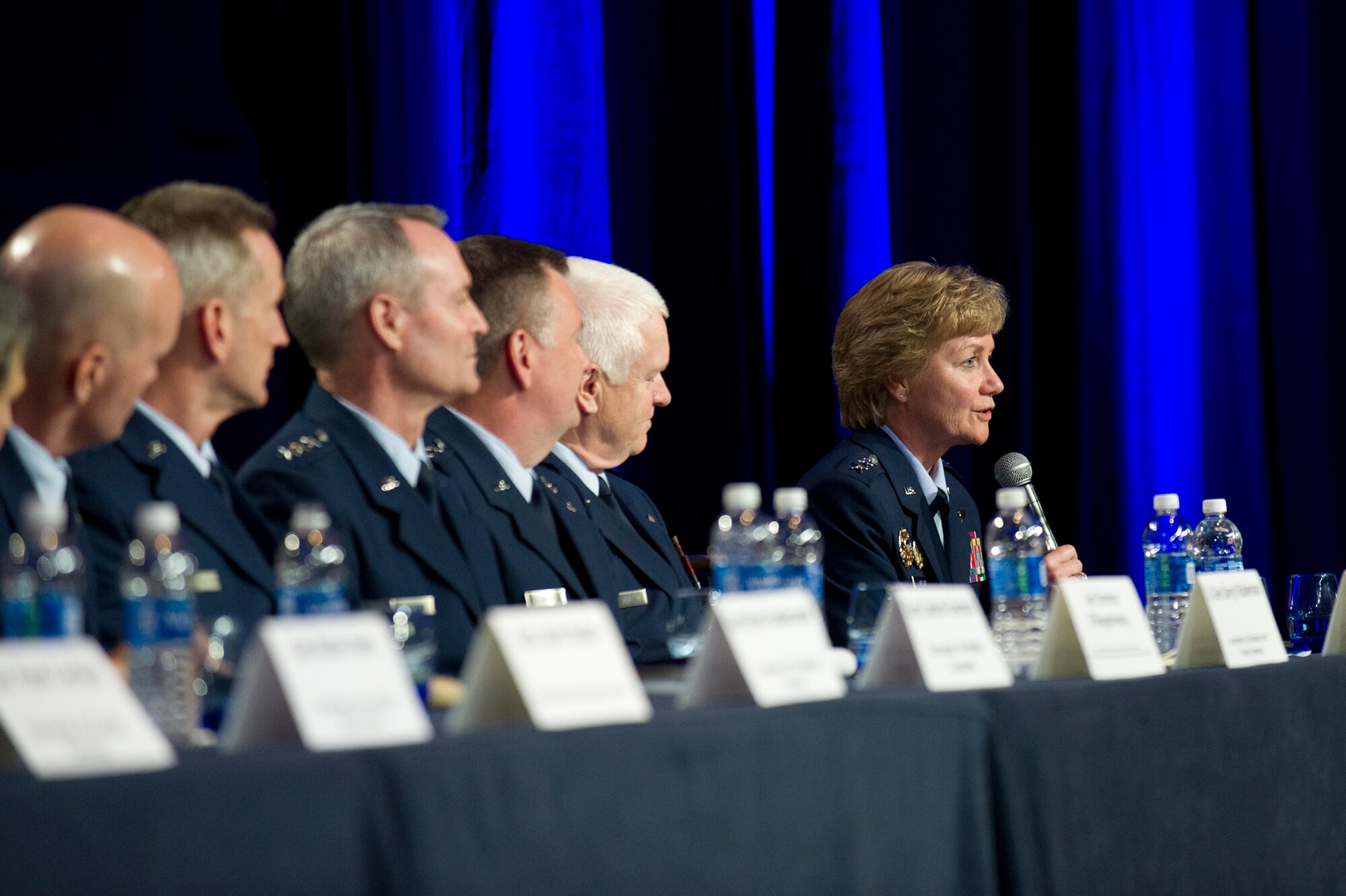 Lieutenant Gen. Maryanne Miller, chief of Air Force Reserve,
Headquarters U.S. Air Force, Washington, D.C., and commander, Air Force Reserve Command, Robins Air Force Base, Georgia, speaks during "Today's Air Force" panel at the Air Force Association Air, Space and Cyber Conference, Washington, D.C., Sept. 21, 2016. The panel of Air Force senior leadership fielded questions from the crowd in the areas of funding, manning, total force, contracting and many more. (U.S. Air Force photo/Staff Sgt. Kat Justen)
