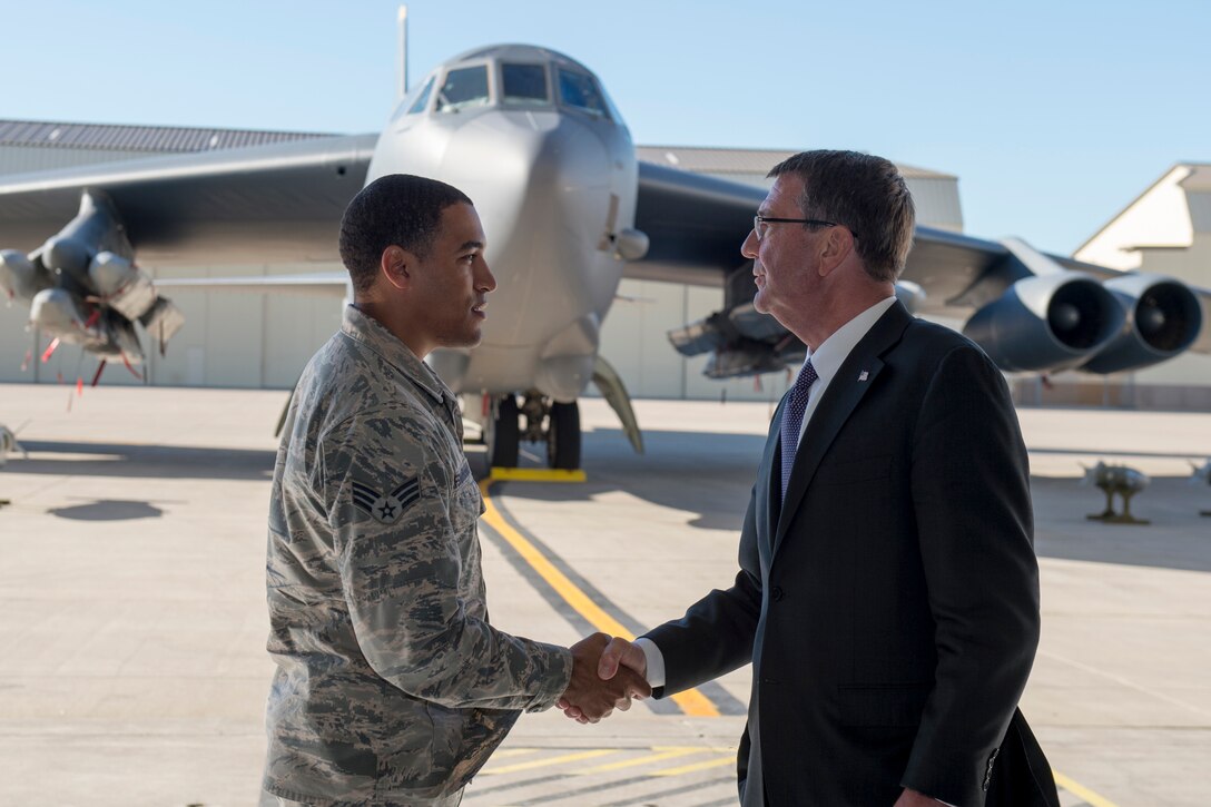 Defense Secretary Ash Carter shakes hands with an airman during a visit to Minot Air Force Base, N.D., Sept. 26, 2016. DoD photo by Air Force Tech. Sgt. Brigitte N. Brantley