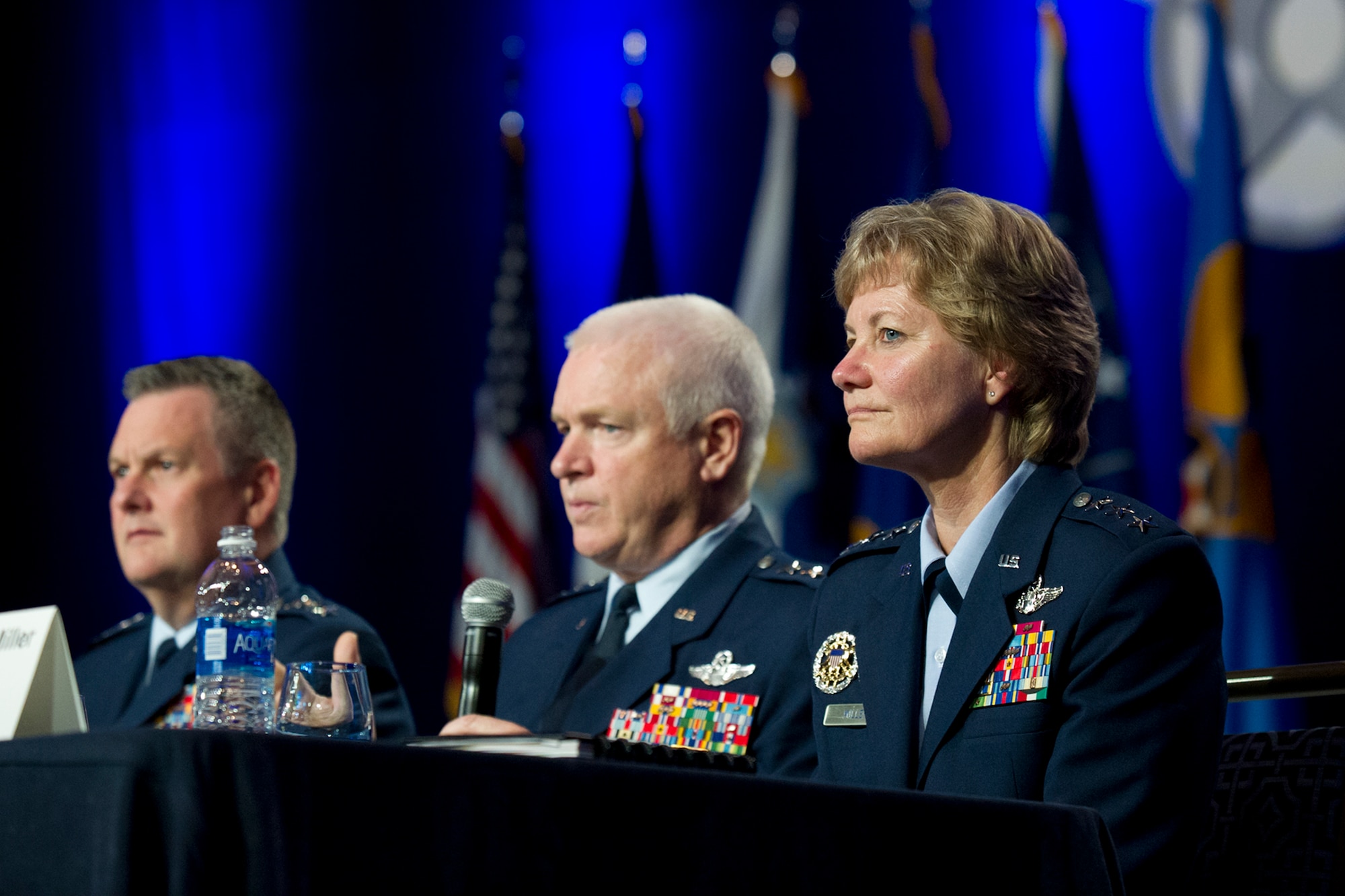 Lieutenant Gen. Maryanne Miller, chief of Air Force Reserve,
Headquarters U.S. Air Force, Washington, D.C., and commander, Air Force Reserve Command, Robins Air Force Base, Georgia, speaks during "Today's Air Force" panel at the Air Force Association Air, Space and Cyber Conference, Washington, D.C., Sept. 21, 2016. The panel of Air Force senior leadership fielded questions from the crowd in the areas of funding, manning, total force, contracting and many more. (U.S. Air Force photo/Staff Sgt. Kat Justen)
