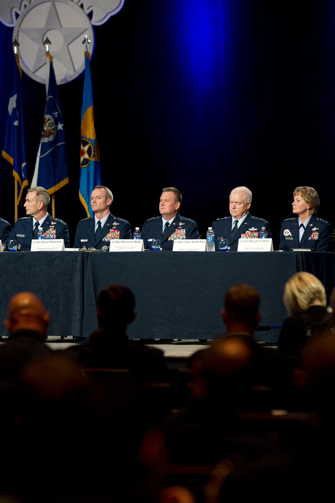 Lieutenant Gen. Maryanne Miller, chief of Air Force Reserve,
Headquarters U.S. Air Force, Washington, D.C., and commander, Air Force Reserve Command, Robins Air Force Base, Georgia, speaks during "Today's Air Force" panel at the Air Force Association Air, Space and Cyber Conference, Washington, D.C., Sept. 21, 2016. The panel of Air Force senior leadership fielded questions from the crowd in the areas of funding, manning, total force, contracting and many more. (U.S. Air Force photo/Staff Sgt. Kat Justen)
