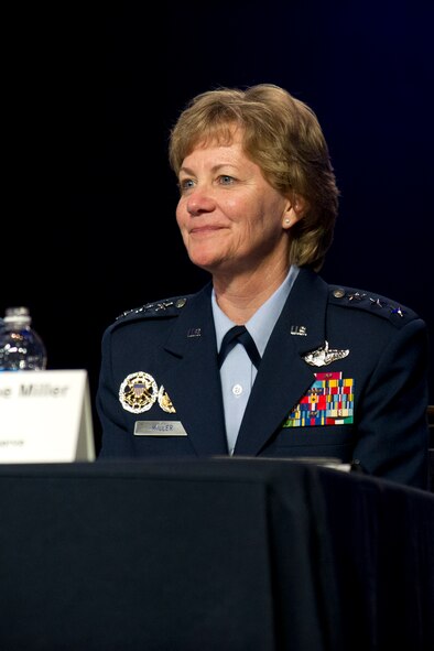 Lieutenant Gen. Maryanne Miller, chief of Air Force Reserve,
Headquarters U.S. Air Force, Washington, D.C., and commander, Air Force Reserve Command, Robins Air Force Base, Georgia, speaks during "Today's Air Force" panel at the Air Force Association Air, Space and Cyber Conference, Washington, D.C., Sept. 21, 2016. The panel of Air Force senior leadership fielded questions from the crowd in the areas of funding, manning, total force, contracting and many more. (U.S. Air Force photo/Staff Sgt. Kat Justen)
