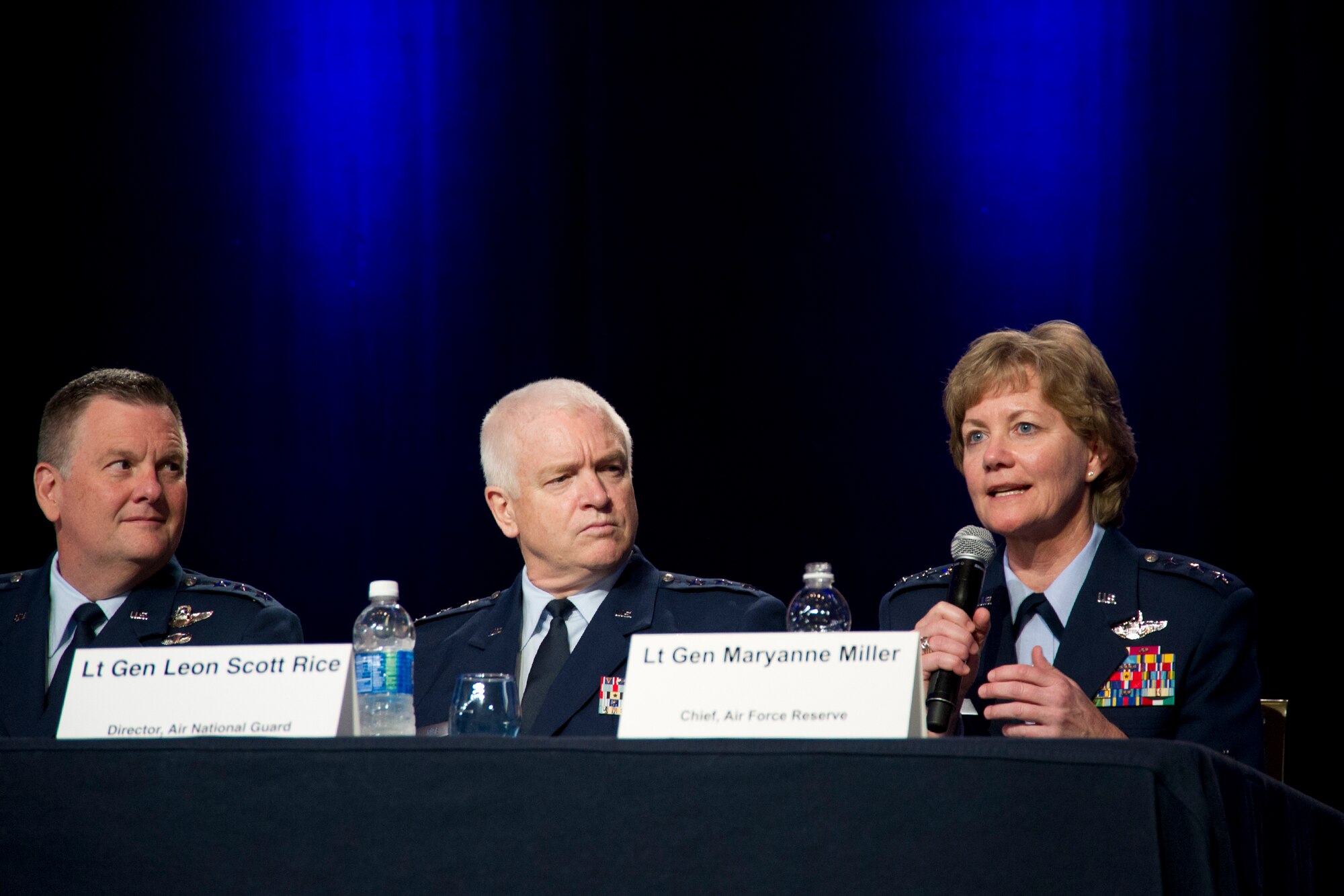 Lieutenant Gen. Maryanne Miller, chief of Air Force Reserve,
Headquarters U.S. Air Force, Washington, D.C., and commander, Air Force Reserve Command, Robins Air Force Base, Georgia, speaks during "Today's Air Force" panel at the Air Force Association Air, Space and Cyber Conference, Washington, D.C., Sept. 21, 2016. The panel of Air Force senior leadership fielded questions from the crowd in the areas of funding, manning, total force, contracting and many more. (U.S. Air Force photo/Staff Sgt. Kat Justen)
