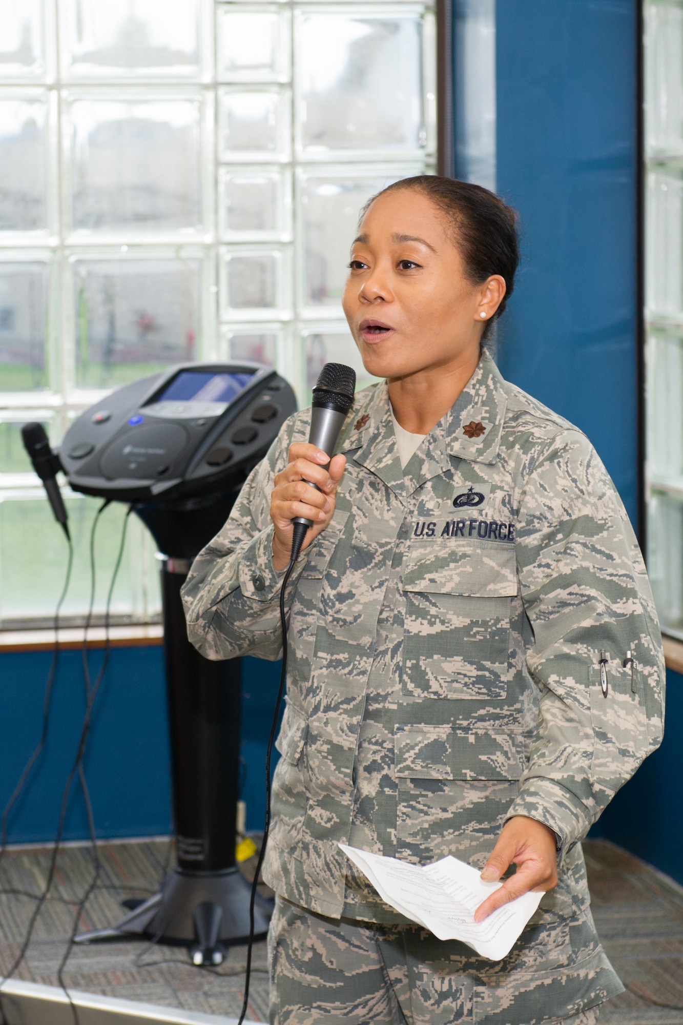 Maj. Chong Gregory, 45th Force Support Squadron commander, speaks during the Science, Technology, Engineering and Mathematics classroom opening and Worldwide Day of Play Sept. 21, 2106, at Patrick Air Force Base, Fla. The event included sports challenges, STEM activities, healthy cooking classes, dancing and more.  (U.S. Air Force photo/Benjamin Thacker) 