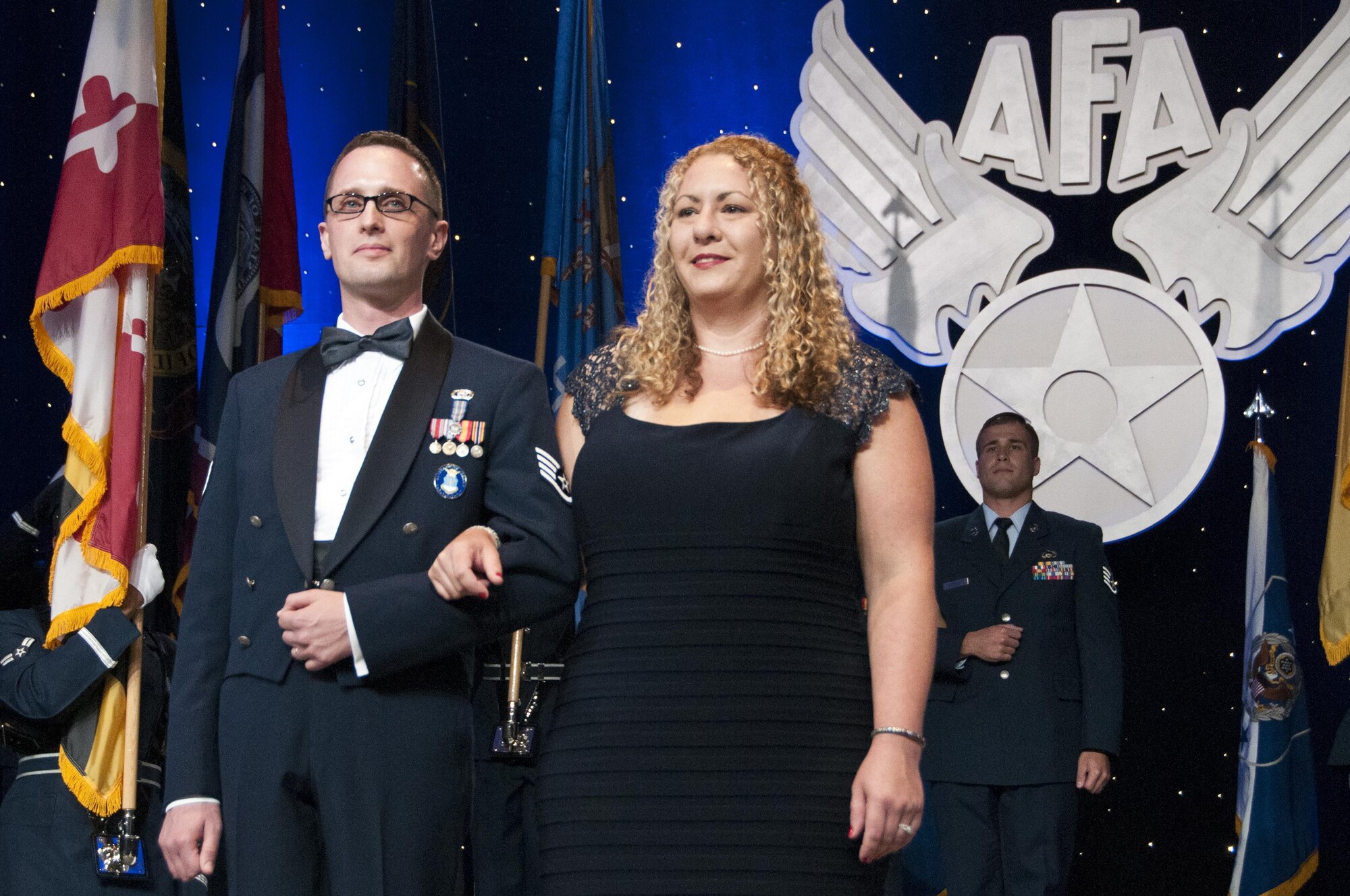 Staff Sgt. Aaron Tobler and his wife, Natalie, at the Air Force Association's recognition banquet honoring the 12 Outstanding Airmen of the Year in Washington, D.C., Sept. 19, 2016.  Tobler is a geospatial intelligence analyst with the 50th Intelligence Squadron, Beale Air Force Base, California.