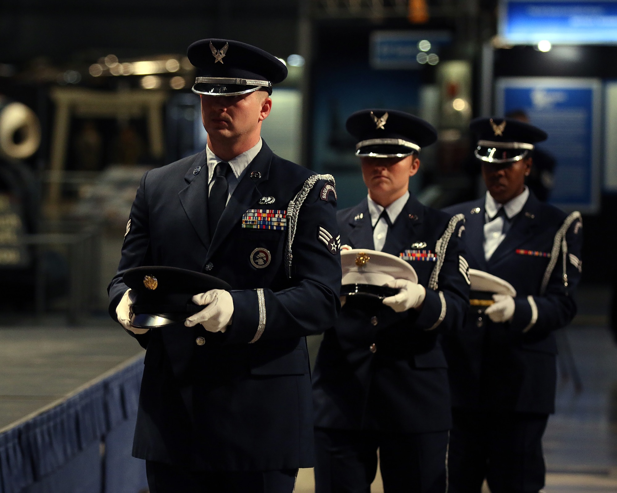 Senior Airman Joseph Divish, front, leads the way as members of the Wright-Patterson Air Force Base Honor Guard perform at the 445th’s annual awards ceremony April 2016l. Divish was recognized as the 445th Honor Guard Member of the Year during the event. (U.S. Air Force photo/Tech. Sgt. Patrick O'Reilly)