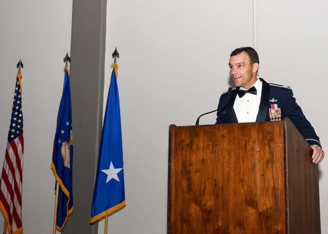 U.S. Air Force Col. David Benson, 7th Bomb Wing commander, speaks during the Air Force Ball at the Abilene Civic Center, in Abilene, Texas. This year's theme was, "A legacy of community of committment", to highlight the supportive relationship between Dyess and the Abilene community. (U.S. Air Force photo by Senior Airman Kedesha Pennant)