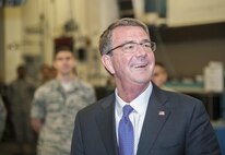 U.S. Secretary of Defense Ashton Carter speaks with an Airman during a tour of the weapons storage area at Minot Air Force Base, N.D., Sept. 26, 2016. Carter spoke with Airmen from the 5th BW and 91st MW and toured several facilities to include a missile alert facility and a B-52H Stratofortress static display. To conclude his visit, Carter hosted a question and answer session with base personnel and recognized top performing Airmen. (U.S. Air Force photo/Airman 1st Class Christian Sullivan)