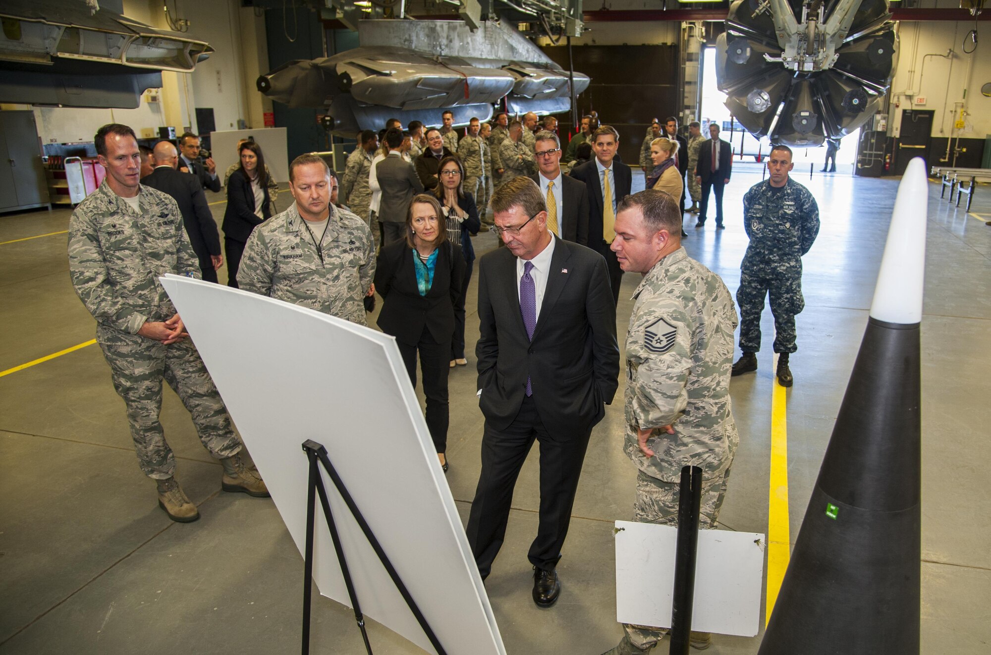 U.S. Secretary of Defense Ashton Carter receives a tour of the weapons storage area at Minot Air Force Base, N.D., Sept. 26, 2016. Carter spoke with Airmen from the 5th BW and 91st MW and toured several facilities to include a missile alert facility and a B-52H Stratofortress static display. Airmen at Minot AFB play a critical role in maintaining and ensuring some of the Nation’s most powerful weapons remain safe, secure and effective. (U.S. Air Force photo/Airman 1st Class Christian Sullivan)