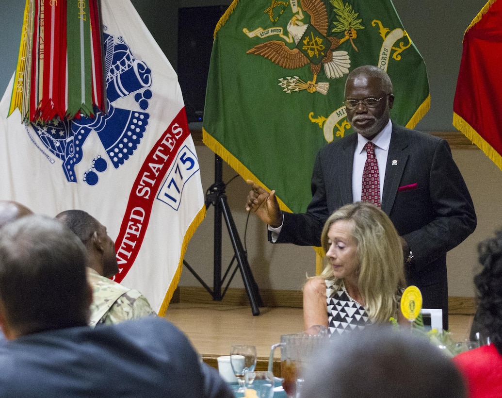 Retired Command Sgt. Maj. Thomas Davis speaks following his induction to the Military Police Corps Regiment Hall of Fame Sept. 21 at Fort Leonard Wood, Missouri. MPs attended events throughout the week to mark the regiment's 75th anniversary. (U.S. Army photo by Sgt. 1st Class Jacob Boyer/Released)