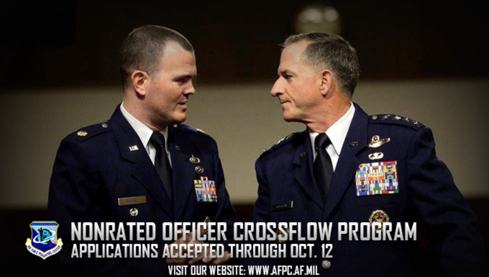 Competitive career opportunities exist for officers in career groups 2004 – 2008 and 2009 – 2013 in certain career fields through the 2017 nonrated line officer crossflow program. Maj. Christopher Moore (left), a public affairs crossflow, just completed an assignment as the public affairs advisor to the then Vice Chief of Staff of the Air Force, proving crossflow officers can be competitive. Applications are due to AFPC by Oct. 12, 2016. (U.S. Air Force courtesy photo)