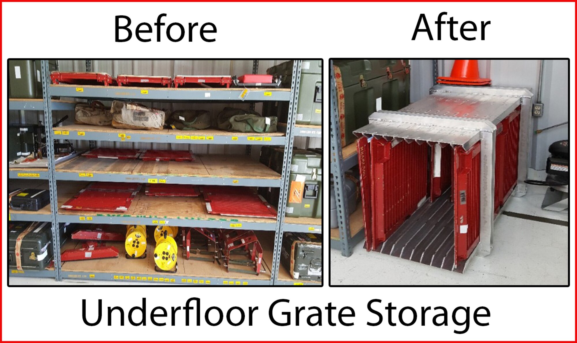 Before and after photos are shown of the 62nd Aircraft Maintenance Squadron storage area Sept. 26, 2016 at Joint Base Lewis-McChord, Wash. The old storage location (left) caused vital time loss from the inventory process and took up significant storage space. Creating the new shelving design (right) has cut down time for the daily inspections which also equates to an estimated 61 hours saved annually. (U.S. Air Force graphic/Senior Airman Divine Cox)