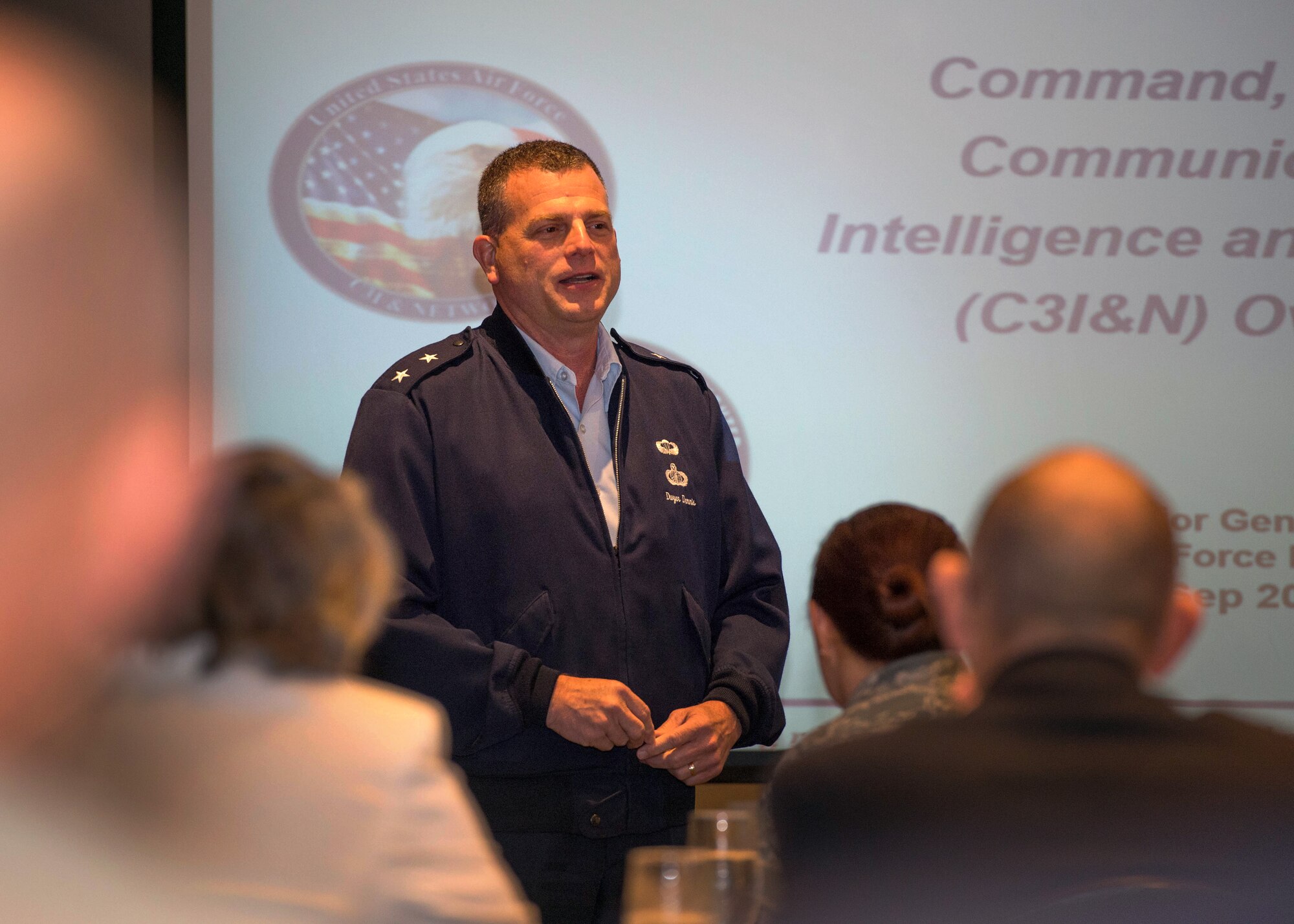 Maj. Gen. Dwyer L. Dennis, Command, Control, Communications, Intelligence and Networks program executive officer, addresses current and potential industry partners during a Hanscom Representatives Association meeting in Lexington, Mass., Sept. 21. Dennis spoke about the importance of a command and control construct for networks and also gave an overview of his organization, highlighting some recent successes and ongoing initiatives (U.S. Air Force photo by Jerry Saslav)