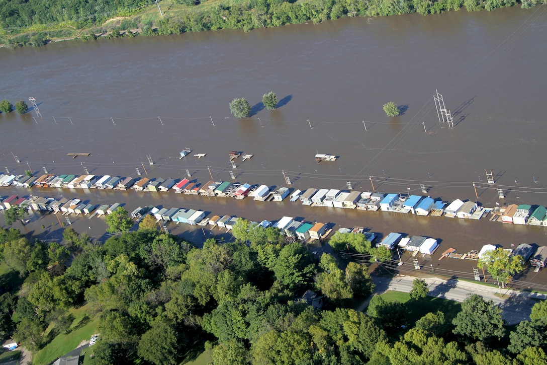An aerial view from a UH-60 Black Hawk helicopter shows flooding in a housing area around Cedar Rapids, Iowa, Sept. 26, 2016, following heavy rains that forced thousands of residents from their homes. 
Iowa National Guard photo by Air Force Tech. Sgt. Linda K. Burger