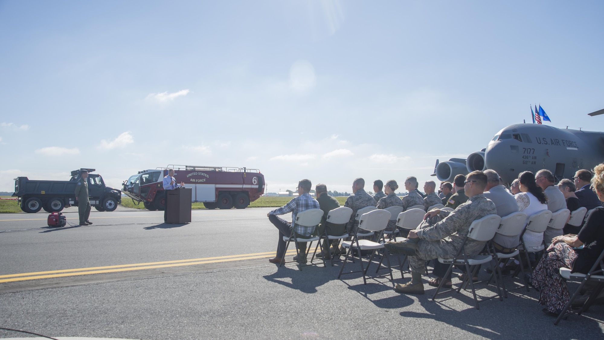 Sen. Tom Carper, D-Del., speaks during the a ribbon cutting ceremony Sept. 23, 2016, on Dover Air Force Base, Del. The ceremony marked the reopening of rRunway 01-19, which was closed fordue to renovations to increase the runway’s lifespan lifecycle by at least 50 years with proper maintenance. (U.S. Air Force photo by Staff Sgt. Jared Duhon) 