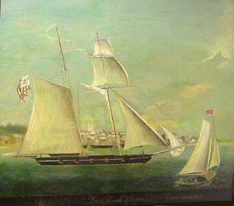 This painting purports to illustrate the first cutter named Massachusetts but it incorrectly shows the cutter flying the Revenue ensign and commission pennant, which were not adopted until 1799, well after the first Massachusetts had left service.  Nevertheless, the illustration does show those characteristics typical of most of the first few generations of Revenue cutters: a small sailing vessel steered by a tiller, with low freeboard, light draft, lightly armed, and usually rigged as a topsail schooner.