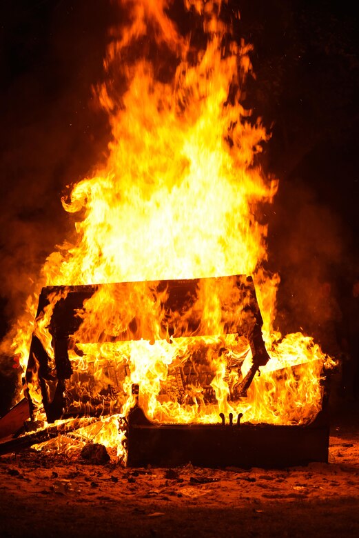 Pianos are burned in memoriam of the Battle of Britain, Sept. 23, 2016, at Seymour Johnson Air Force Base, North Carolina. Every year, Team Seymour commemorates the battle and tells the legend of a skilled pianist who flew for the Royal Air Force during World War II who was killed in action. (U.S. Air Force photo by Airman Shawna L. Keyes)