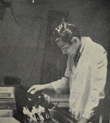 U.S. Air Force Airman 2nd Class Plasido Collazo, Recon Record photo lab technician, processes photos in the photo lab darkroom at Shaw Air Force Base, S.C., 1966. Photo lab Airmen used the darkroom to manually process images, whereas today’s 20th Fighter Wing Public Affairs photojournalists use digital technology to produce high quality imagery in significantly shorter timeframes. (Courtesy Photo)